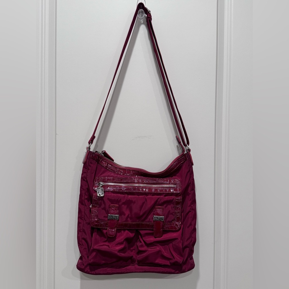 Brighton Magenta Pink Nylon & Croc Embossed Leather Crossbody Messenger Bag